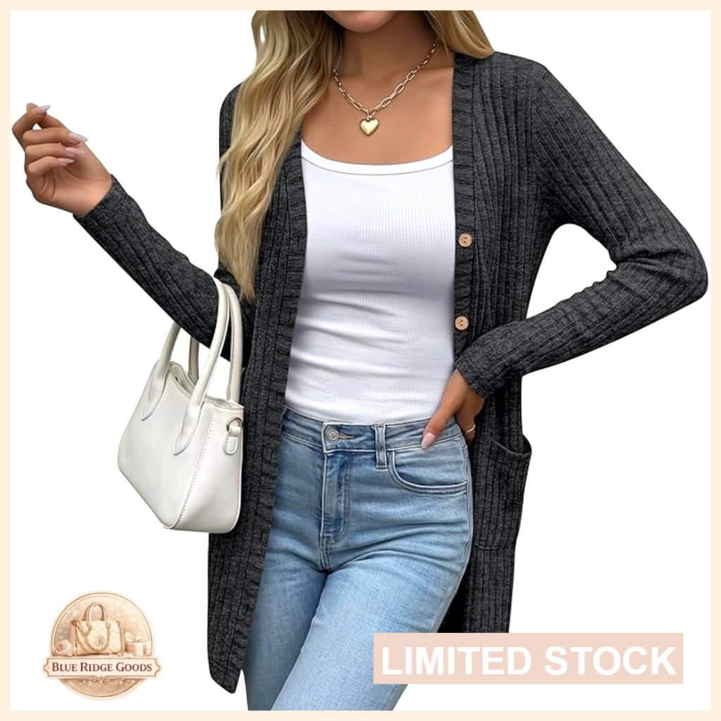 Ribbed Knit Cardigan Oversized Chic Button Front Long Sleeve With Pockets